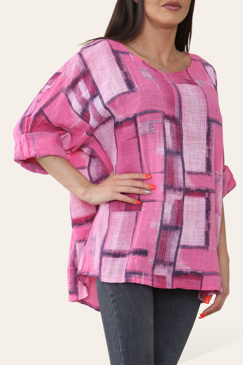 TOP MET VIERKANTE GEOMETRISCHE VORMEN PRINT CERISE