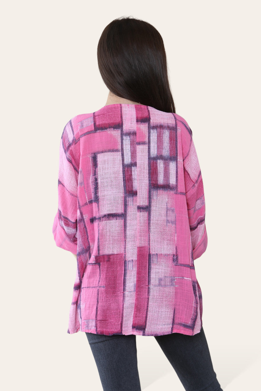 TOP MET VIERKANTE GEOMETRISCHE VORMEN PRINT CERISE