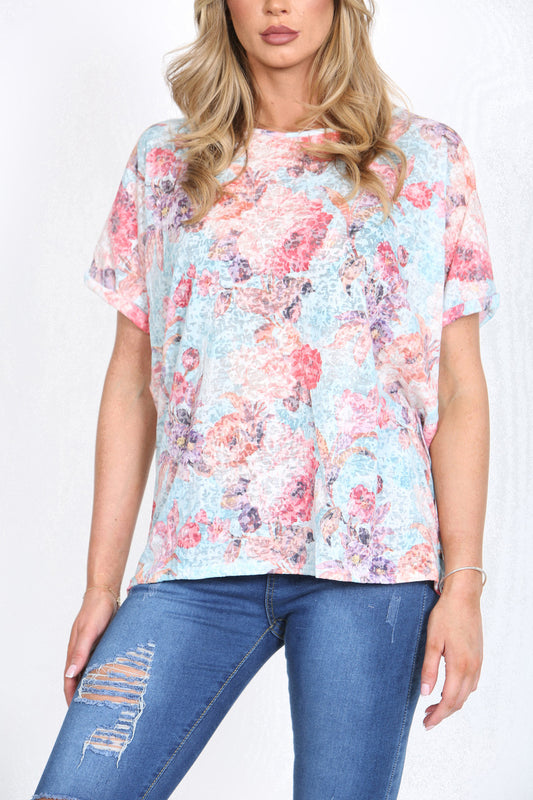 Ladies Floral Rose Print Burnout Top Light Blue