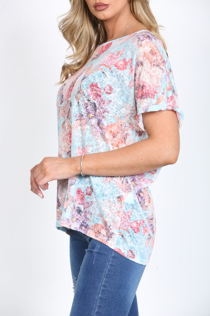 Ladies Floral Rose Print Burnout Top Light Blue