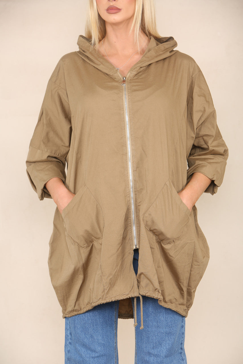 ZIP UP HOODED JACKET TAN