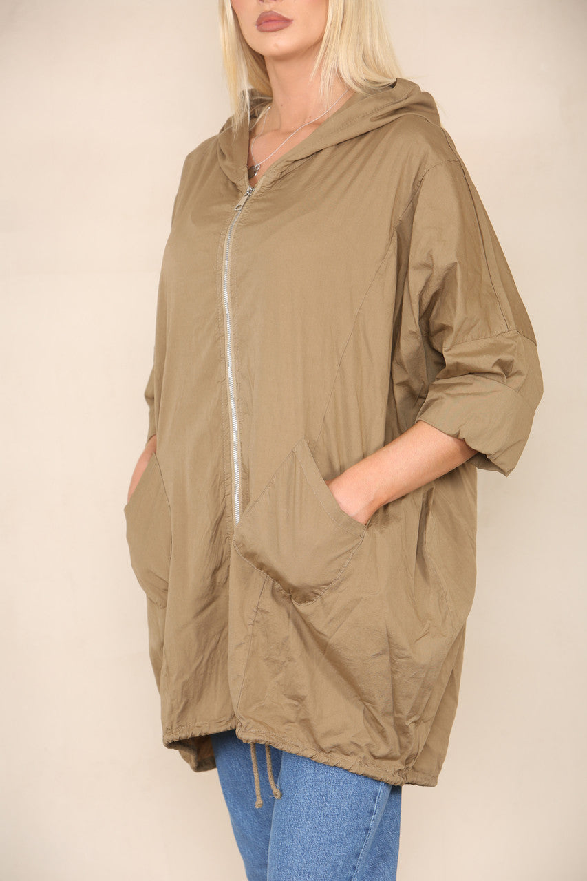 ZIP UP HOODED JACKET TAN