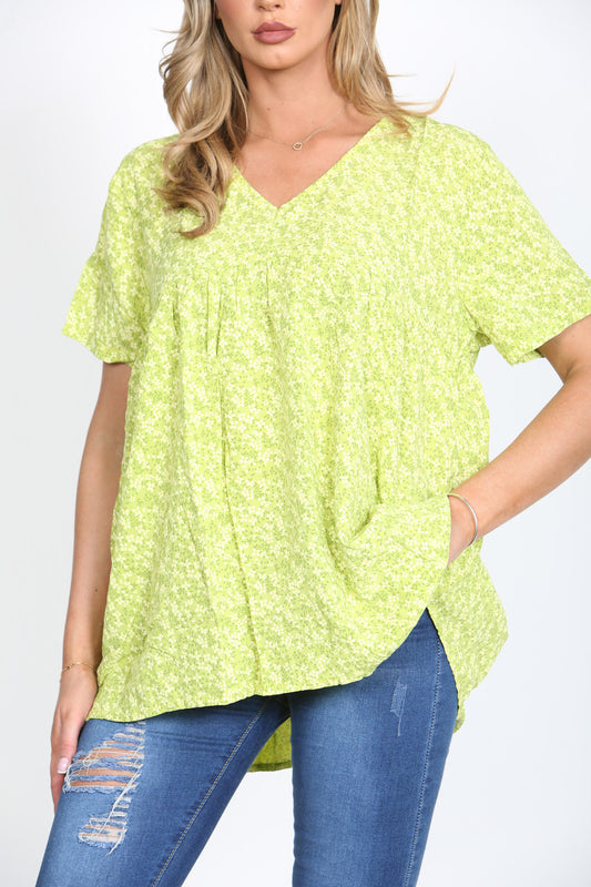 Ladies Ditsy Floral Print Smock Top Lime