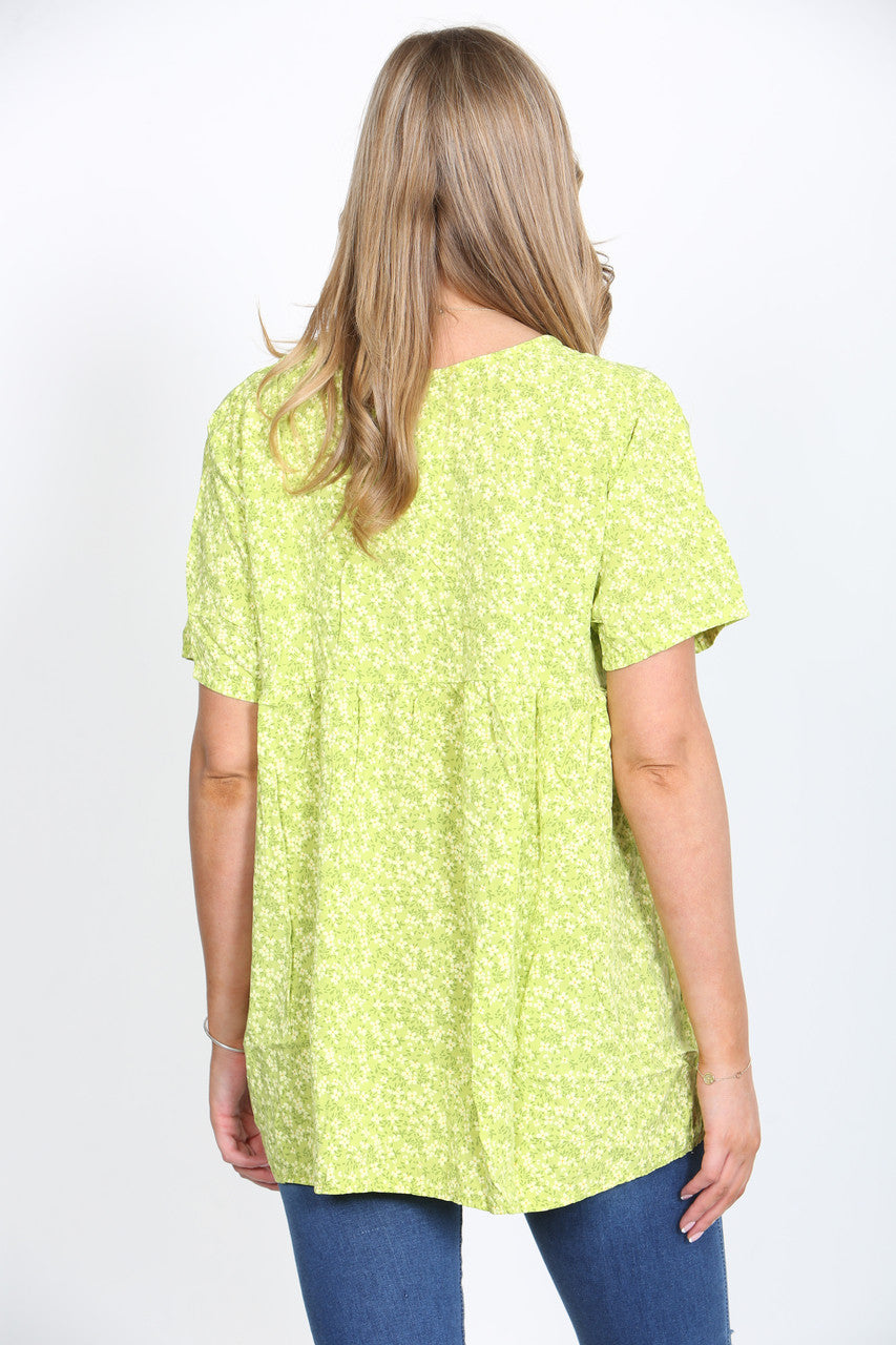 Ladies Ditsy Floral Print Smock Top Lime