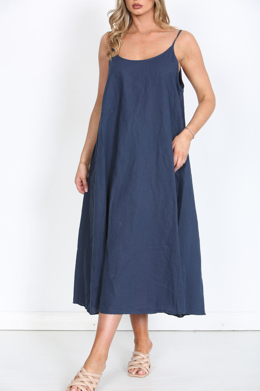 Ladies Sleeveless Linen Maxi Dress Navy