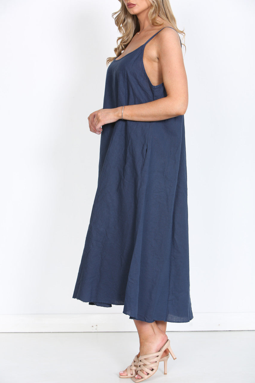 Ladies Sleeveless Linen Maxi Dress Navy