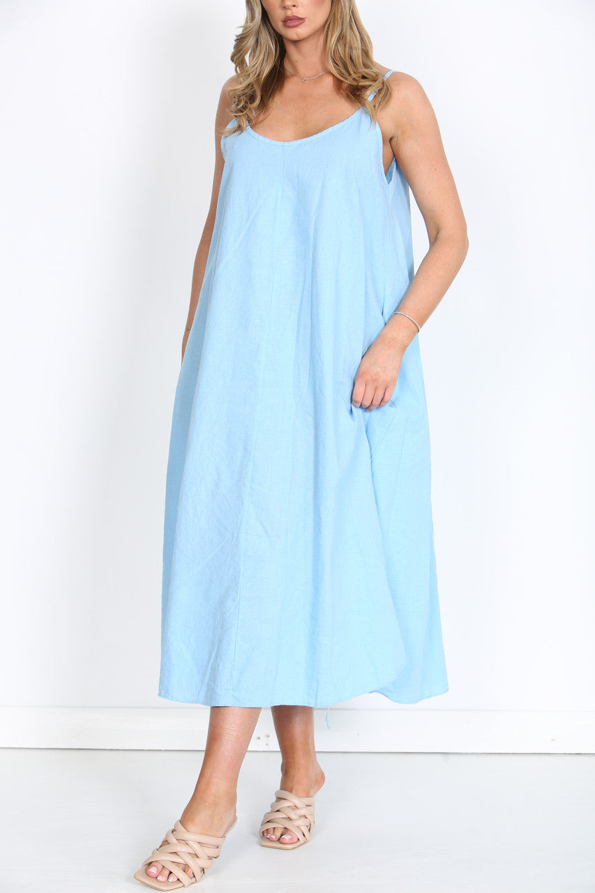 Ladies Sleeveless Linen Maxi Dress Light Blue