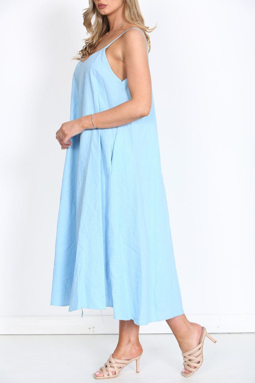 Ladies Sleeveless Linen Maxi Dress Light Blue