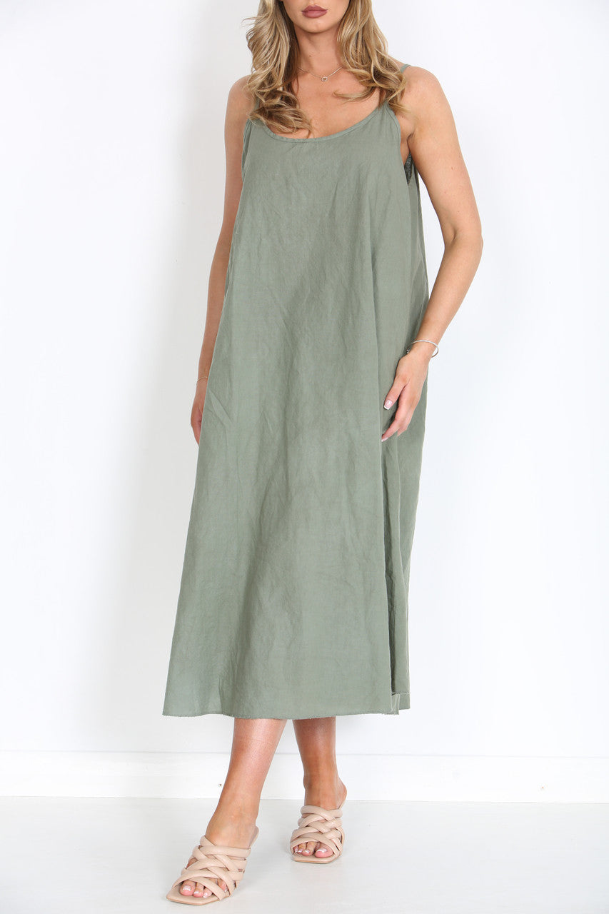 Ladies Sleeveless Linen Maxi Dress Khaki