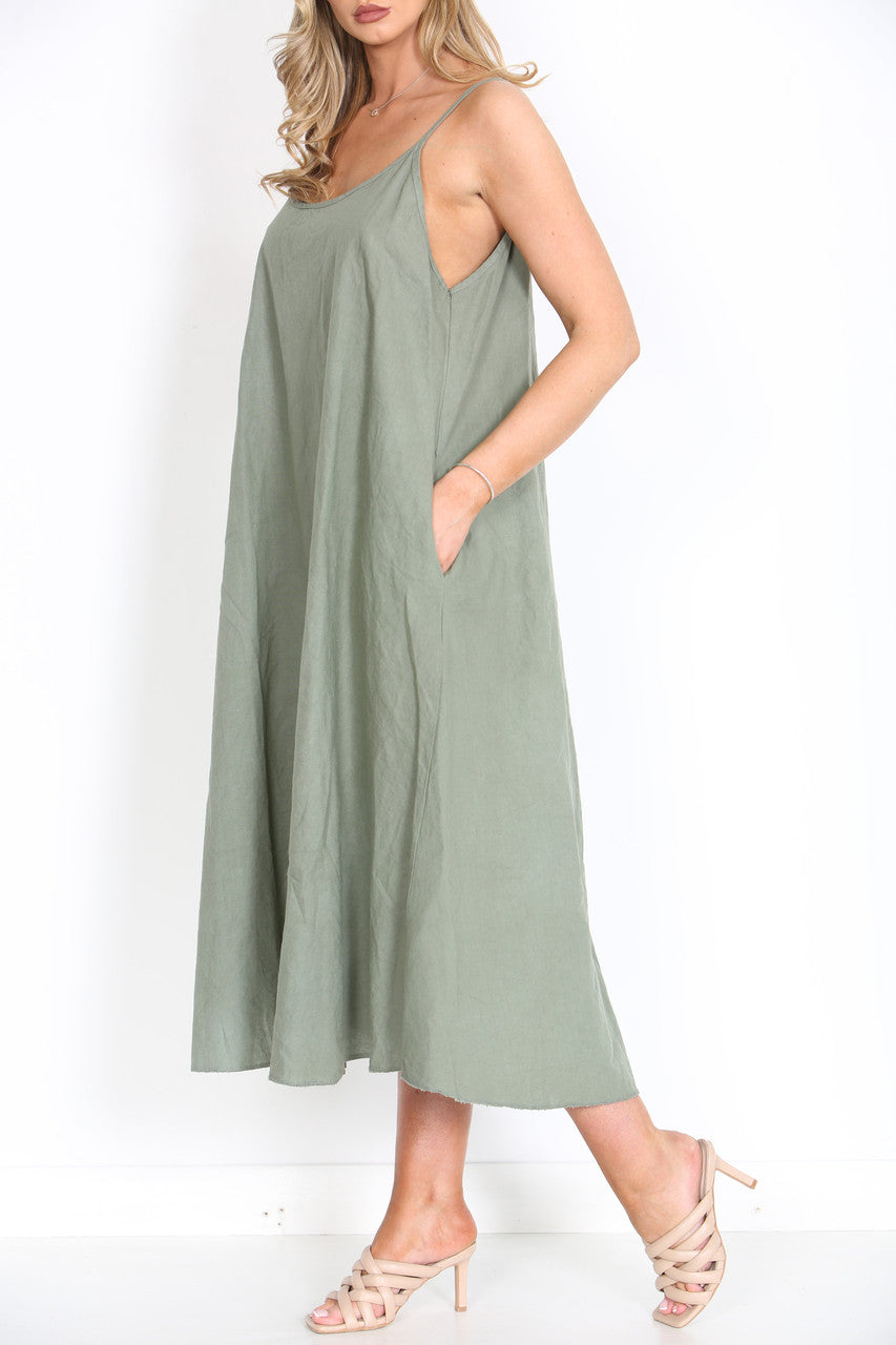 Ladies Sleeveless Linen Maxi Dress Khaki
