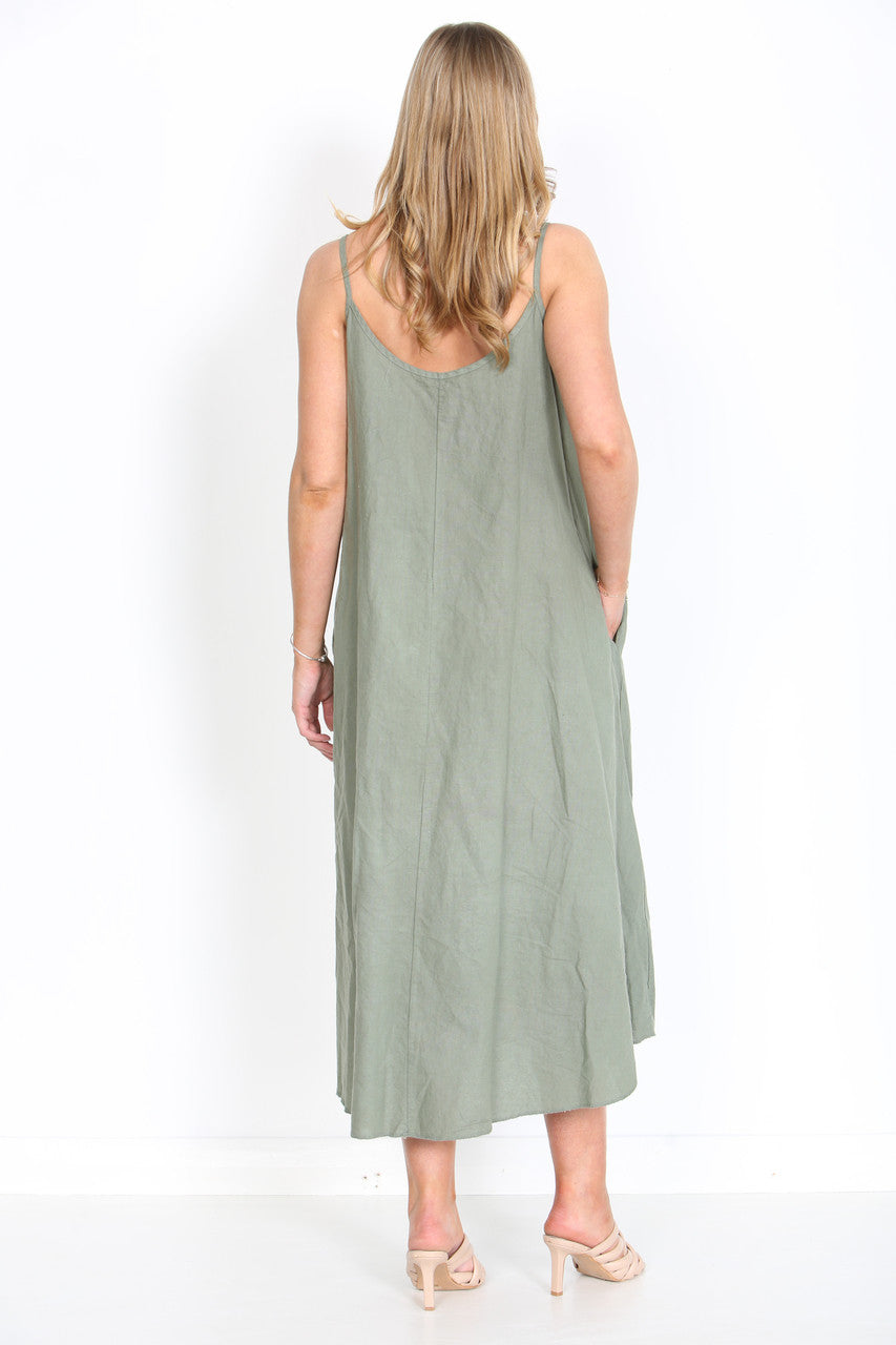 Ladies Sleeveless Linen Maxi Dress Khaki
