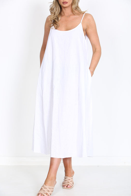 Ladies Sleeveless Linen Maxi Dress White