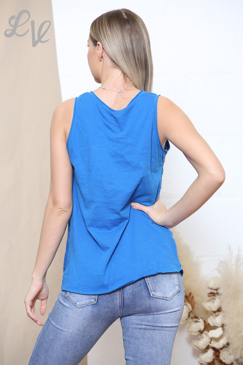 Ladies Sequin Applique Flower Sleeveless Top Royal Blue