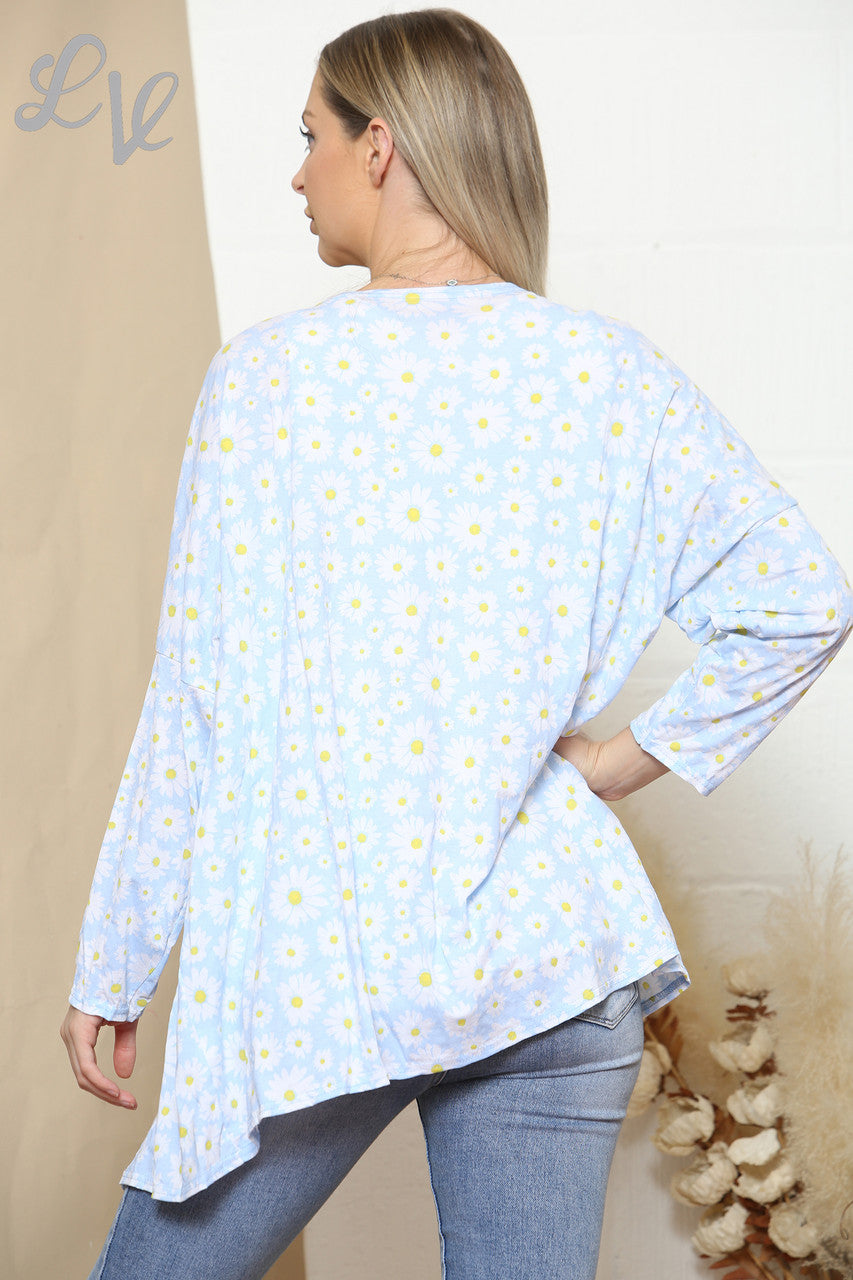 Ladies Daisy Print Open Cardigan Sky Blue