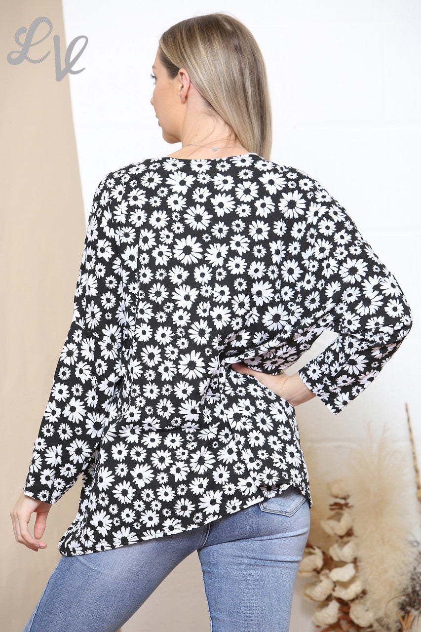 Ladies Daisy Print Open Cardigan Black