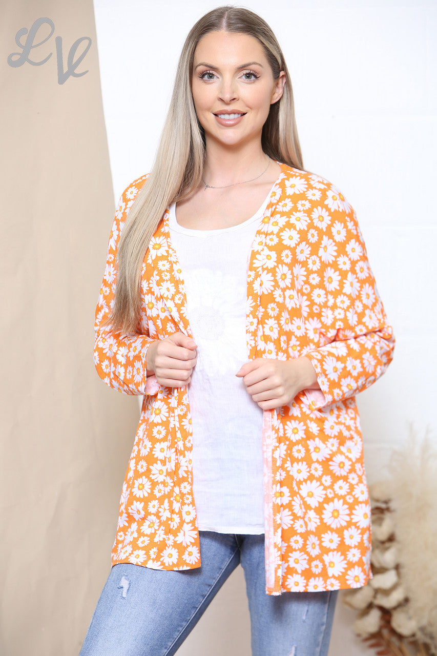 Ladies Daisy Print Open Cardigan Orange