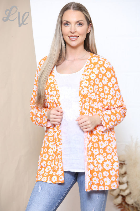 Ladies Daisy Print Open Cardigan Orange