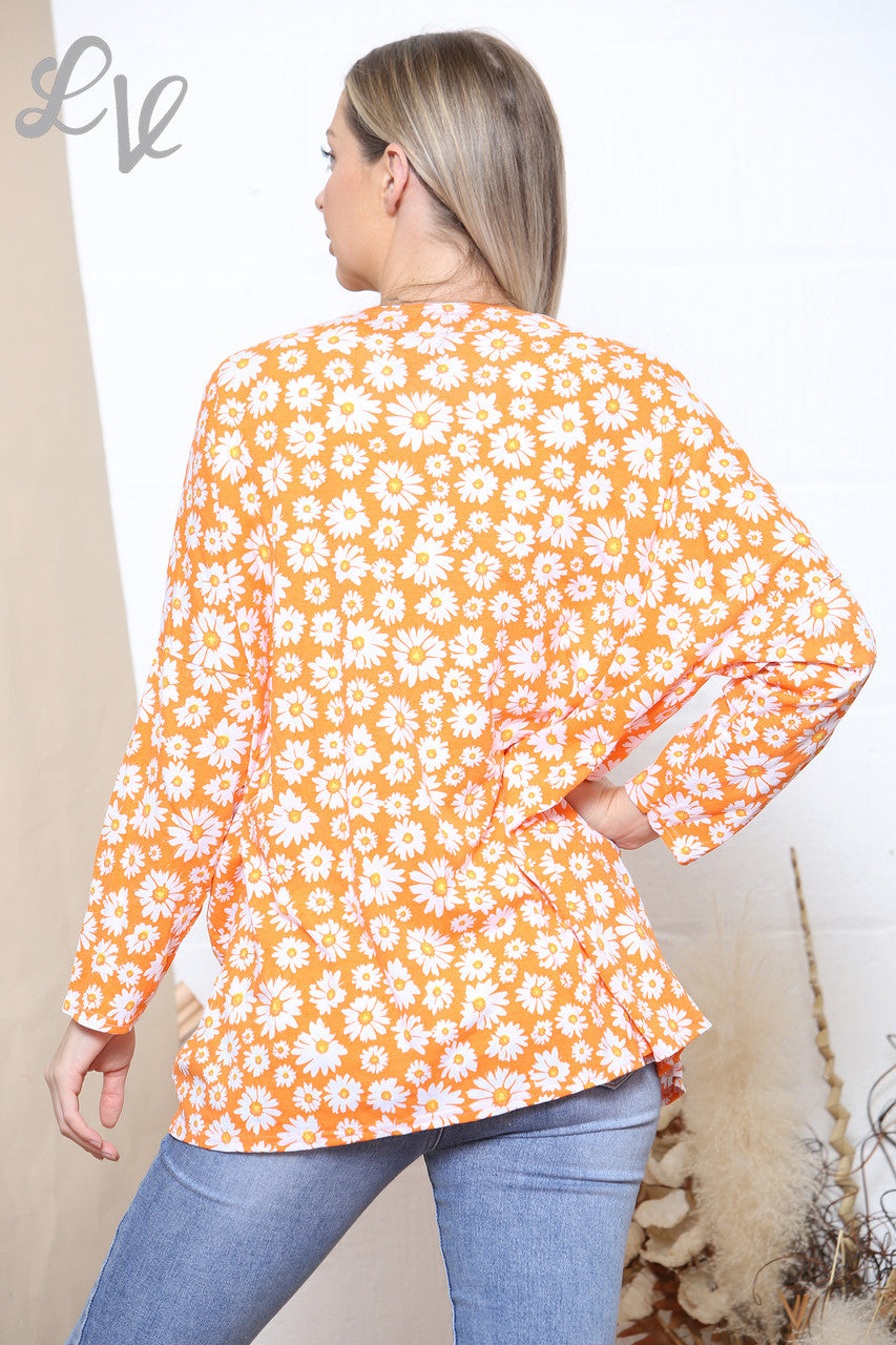 Ladies Daisy Print Open Cardigan Orange