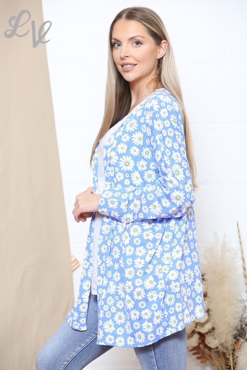 Ladies Daisy Print Open Cardigan Denim