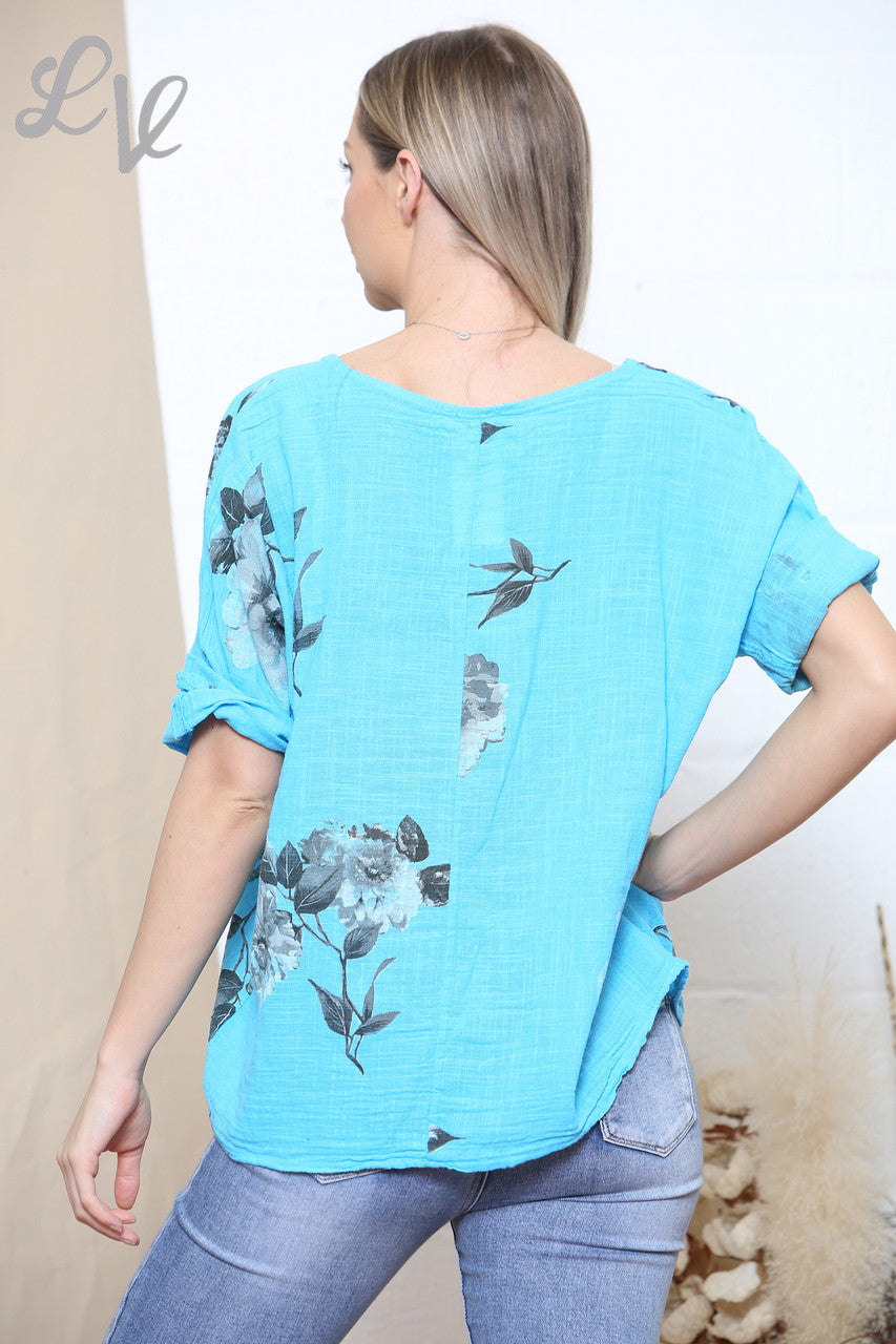 Dames Box Top met Bloemenprint Turkoois