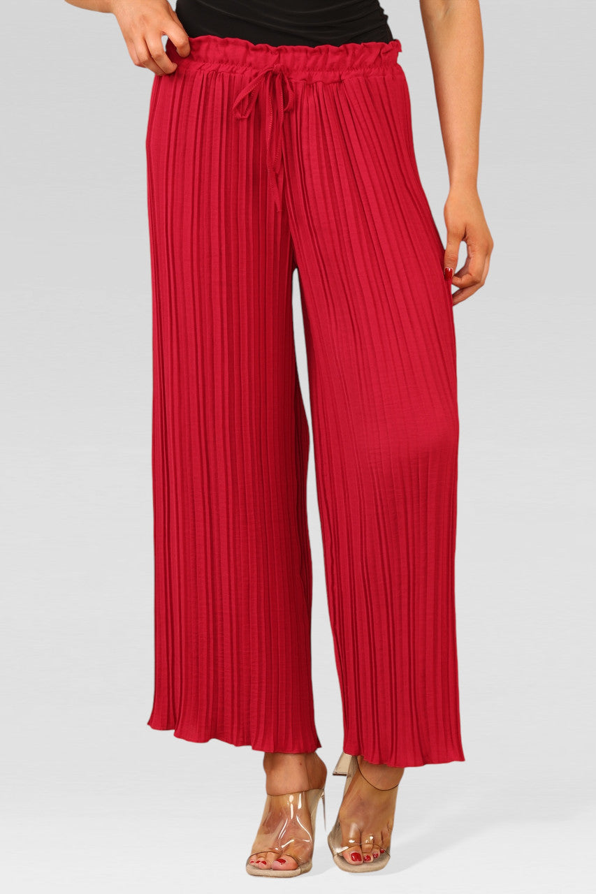 WIDE LEG PLISSE PLEATED ELASTICATED WAIST TROUSERS BURGUNDY