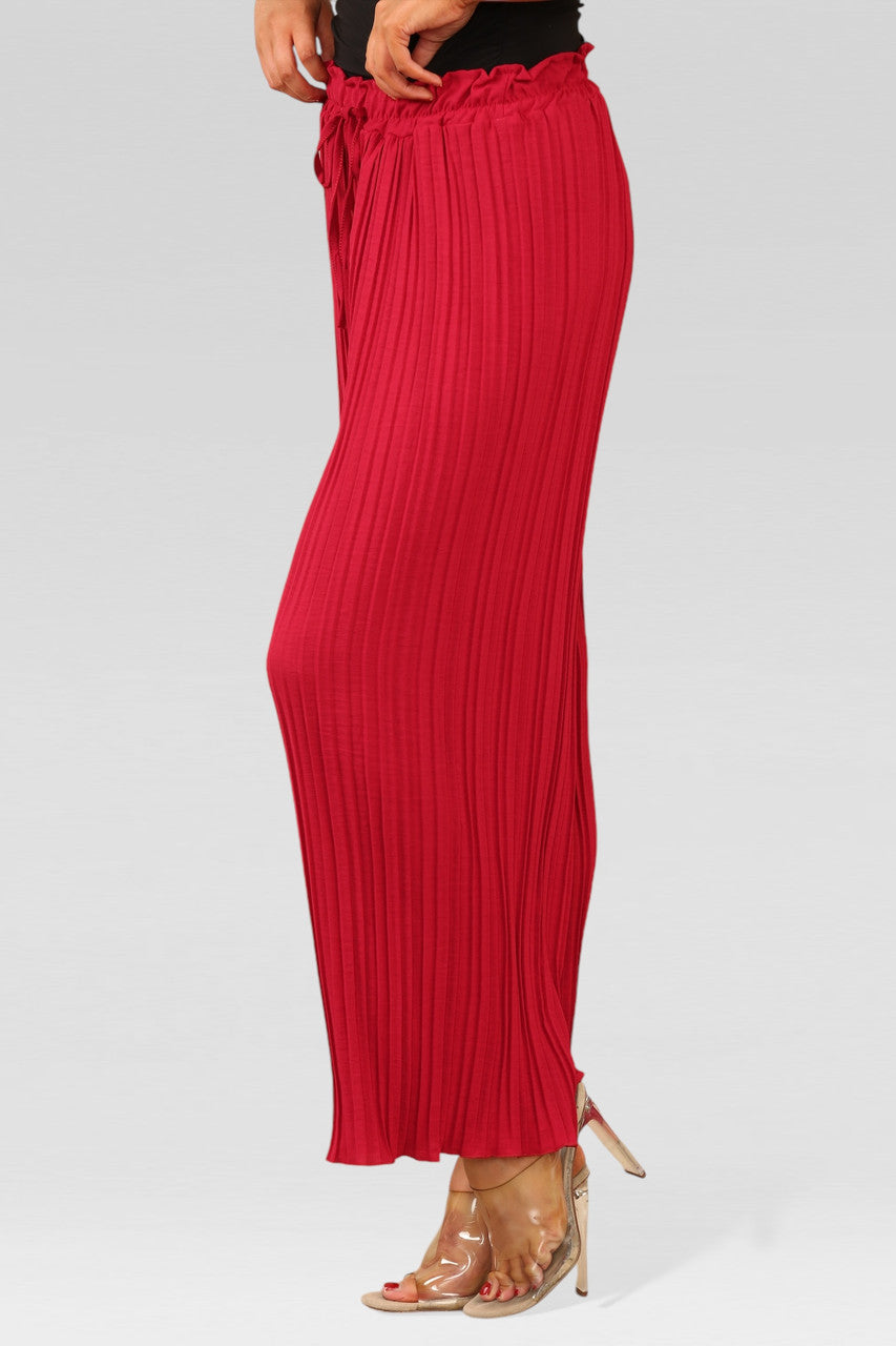 WIDE LEG PLISSE PLEATED ELASTICATED WAIST TROUSERS BURGUNDY