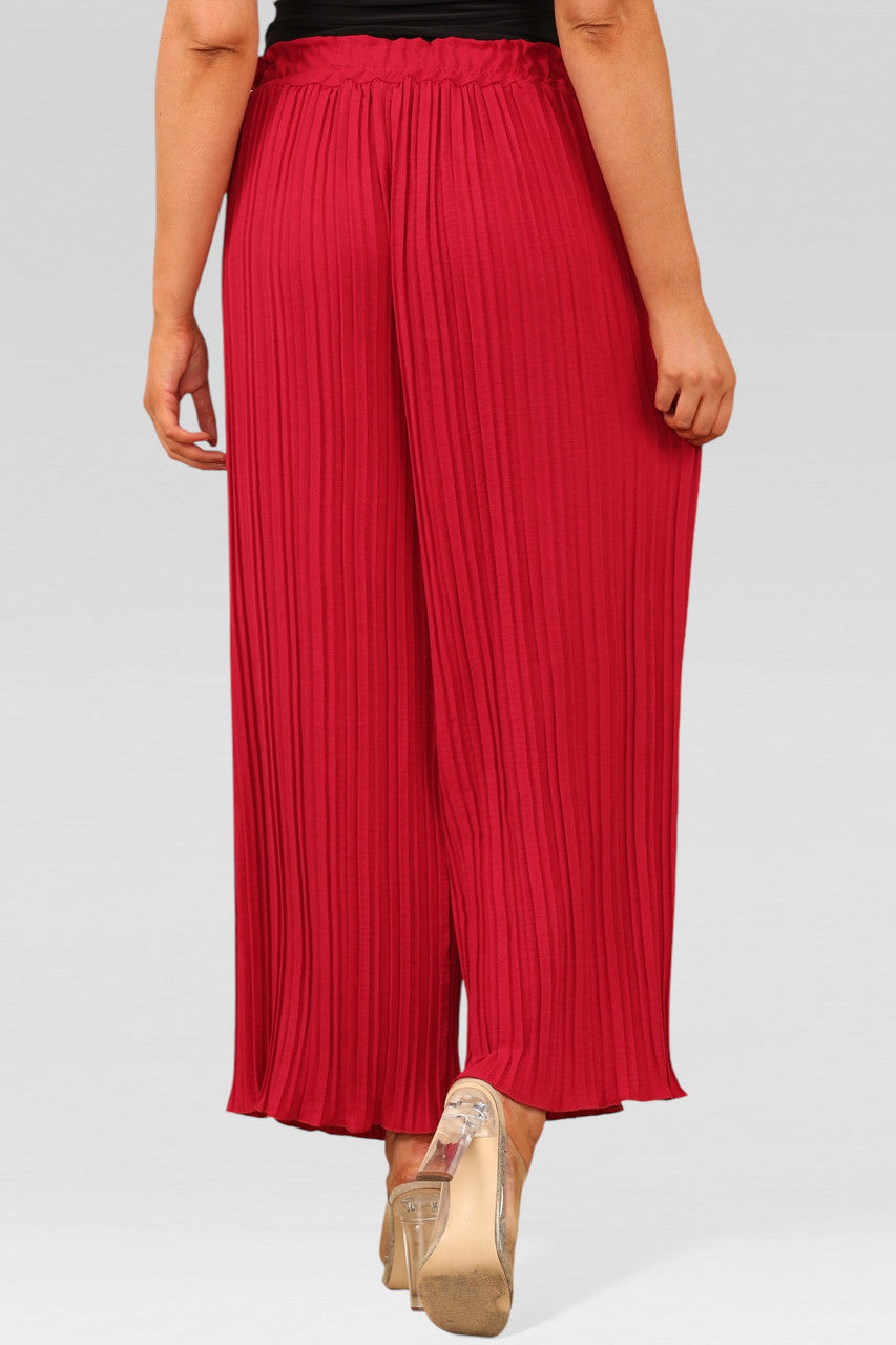WIDE LEG PLISSE PLEATED ELASTICATED WAIST TROUSERS BURGUNDY