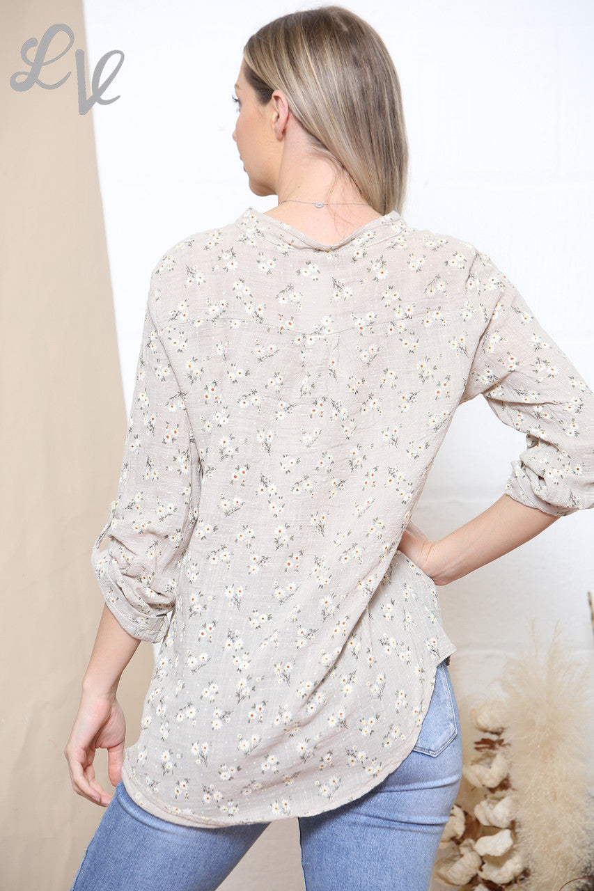 Ladies Ditsy Daisy Print Cotton Grandad Blouse Stone