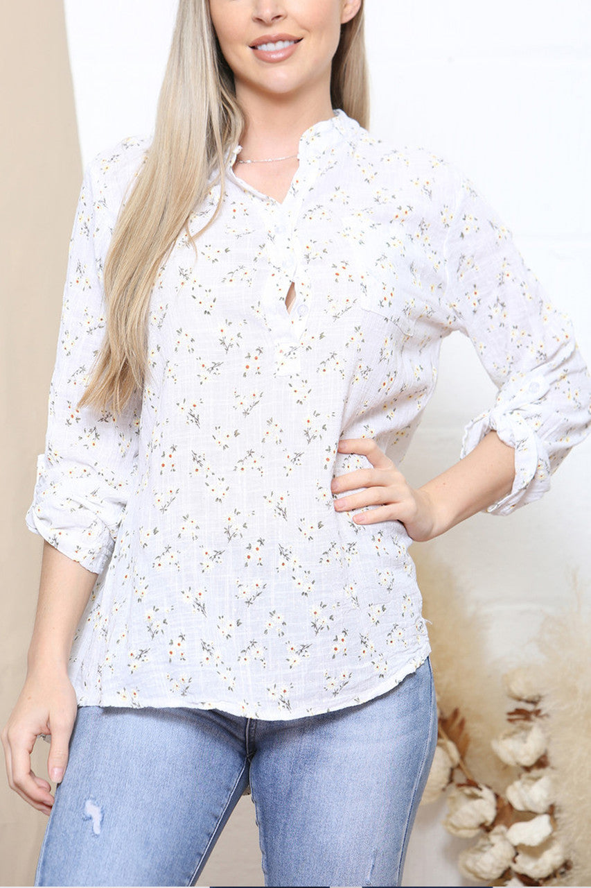 Ladies Ditsy Daisy Print Cotton Grandad Blouse White