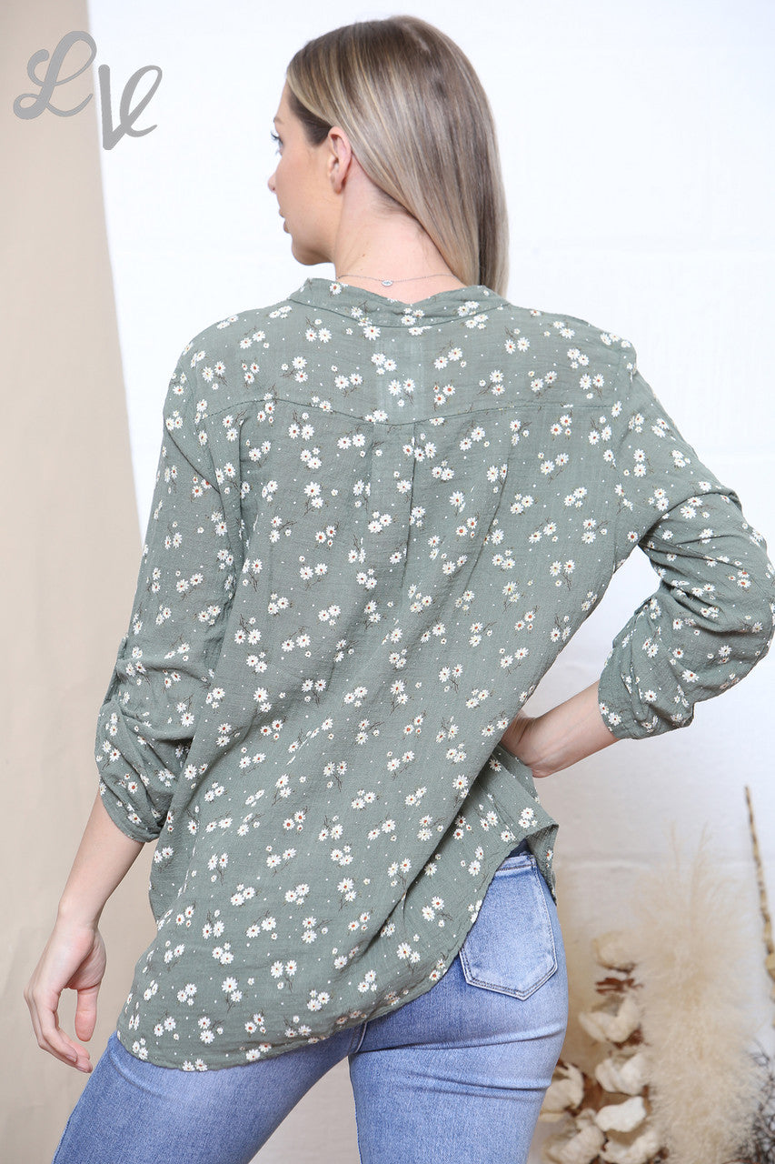 Ladies Ditsy Daisy Print Cotton Grandad Blouse Khaki