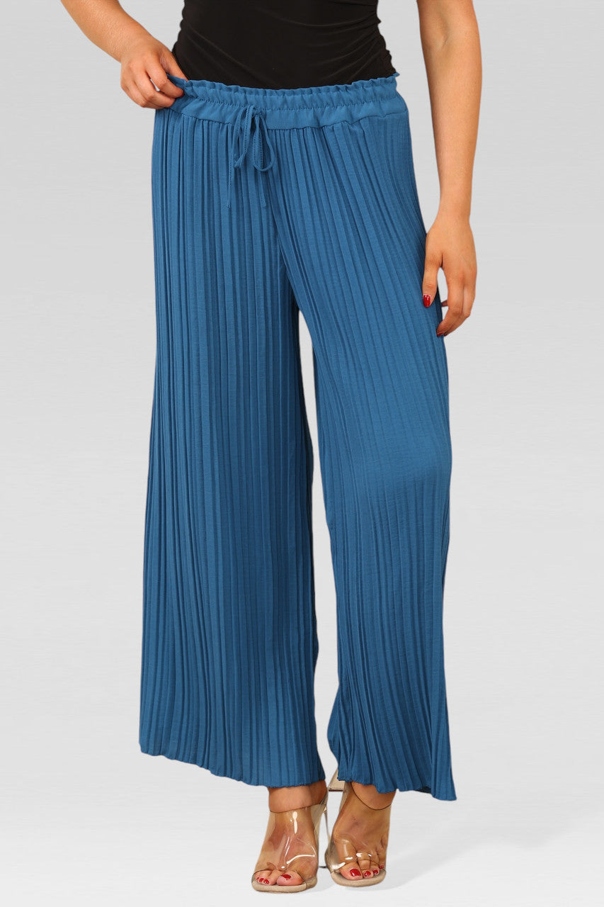 WIDE LEG PLISSE PLEATED ELASTICATED WAIST TROUSERS TEAL
