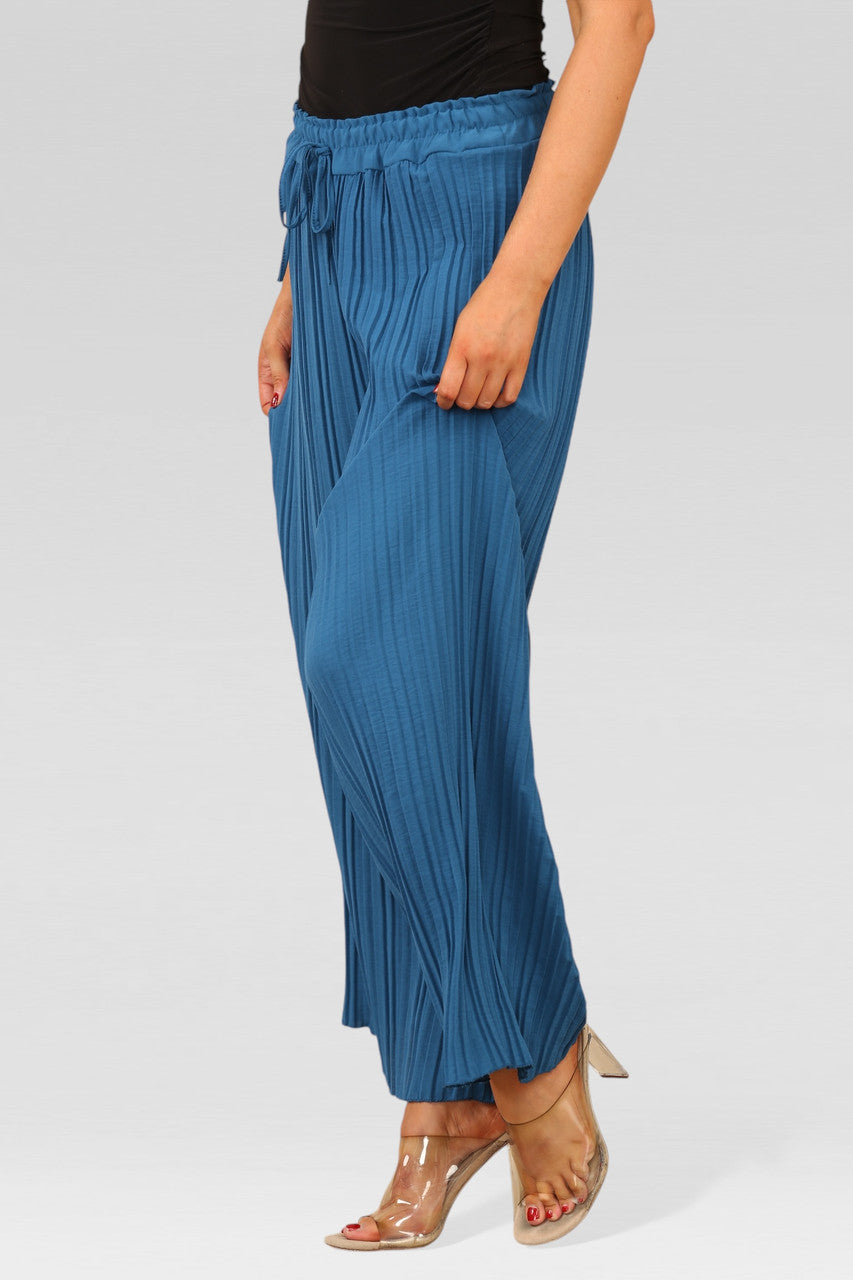 WIDE LEG PLISSE PLEATED ELASTICATED WAIST TROUSERS TEAL