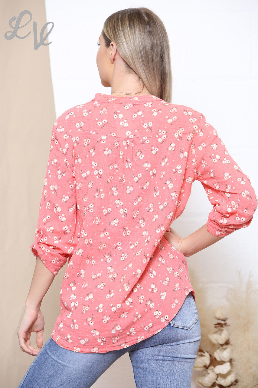 Ladies Ditsy Daisy Print Cotton Grandad Blouse Coral