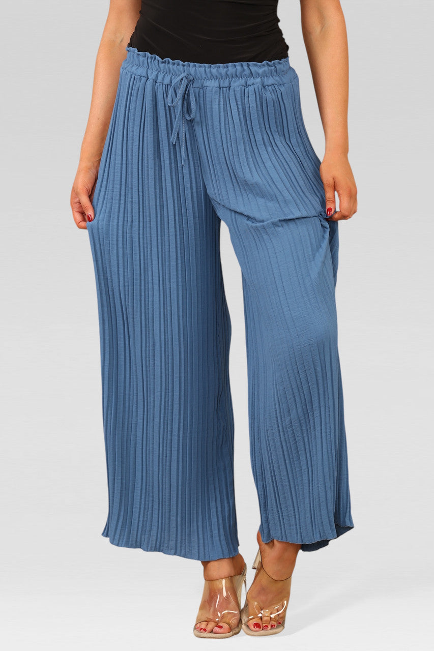 WIDE LEG PLISSE PLEATED ELASTICATED WAIST TROUSERS DENIM