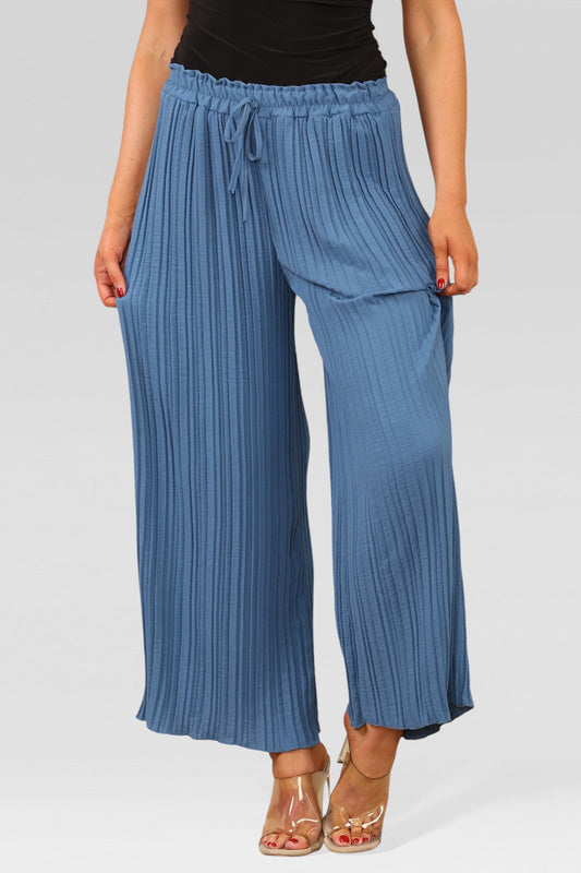 WIJDE PIJP PLISSÉ GEPLOOIDE BROEK MET ELASTISCHE TAILLE DENIM