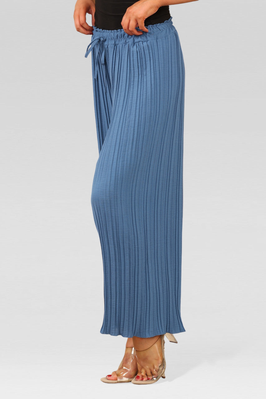 WIDE LEG PLISSE PLEATED ELASTICATED WAIST TROUSERS DENIM