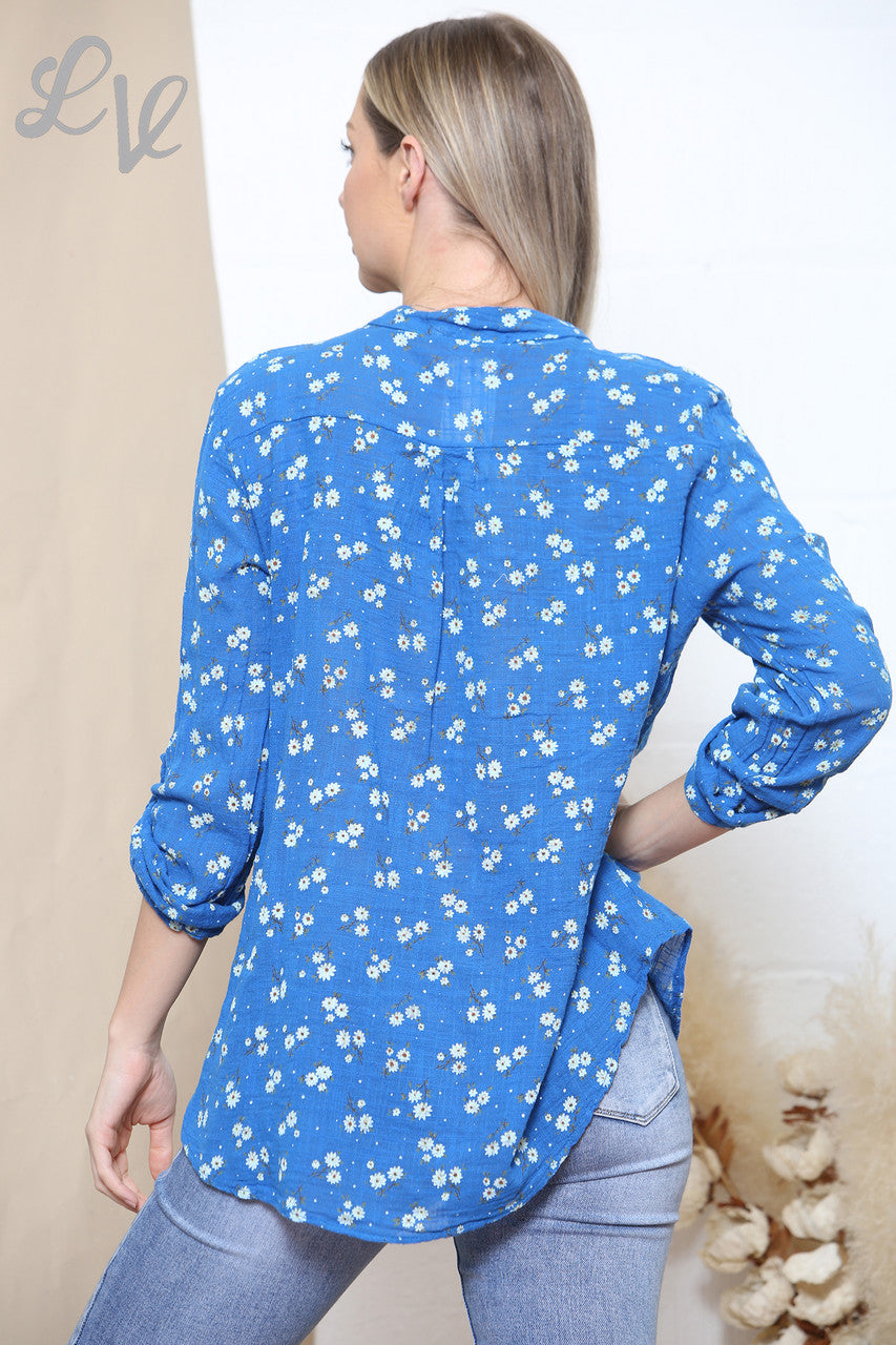 Ladies Ditsy Daisy Print Cotton Grandad Blouse Royal Blue
