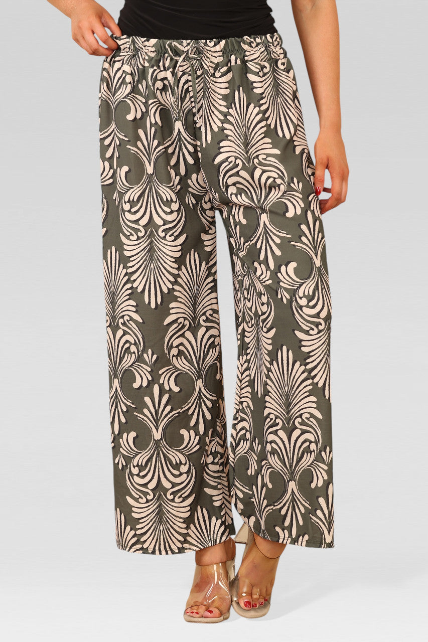 PANTALON MET BREDE PIJPEN, ELASTISCHE TAILLE EN ART DECO PRINT KHAKI