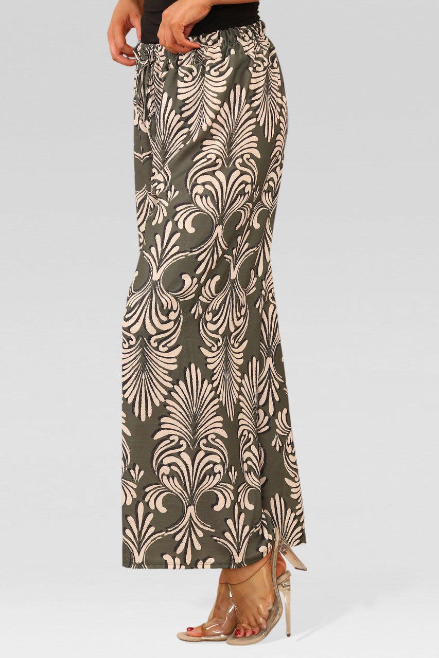 PANTALON MET BREDE PIJPEN, ELASTISCHE TAILLE EN ART DECO PRINT KHAKI
