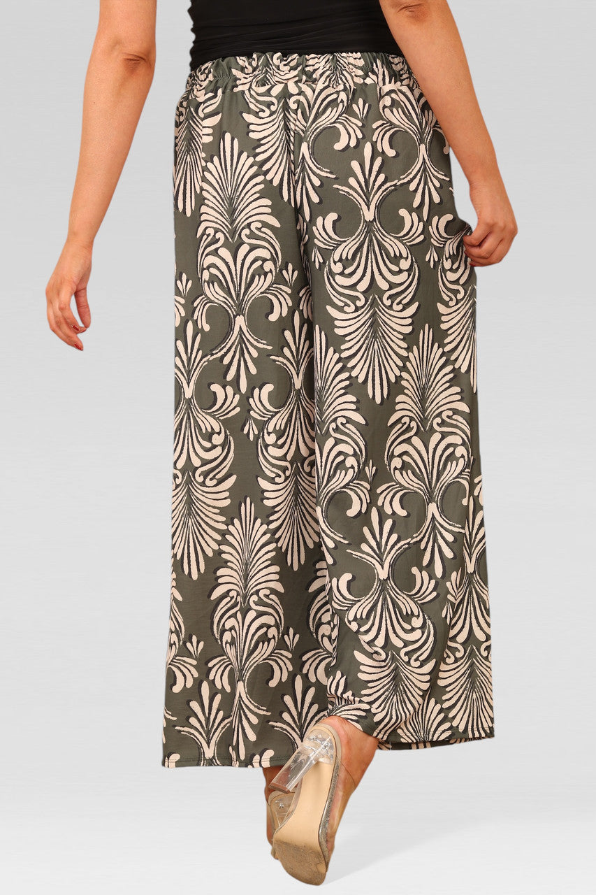 PANTALON MET BREDE PIJPEN, ELASTISCHE TAILLE EN ART DECO PRINT KHAKI