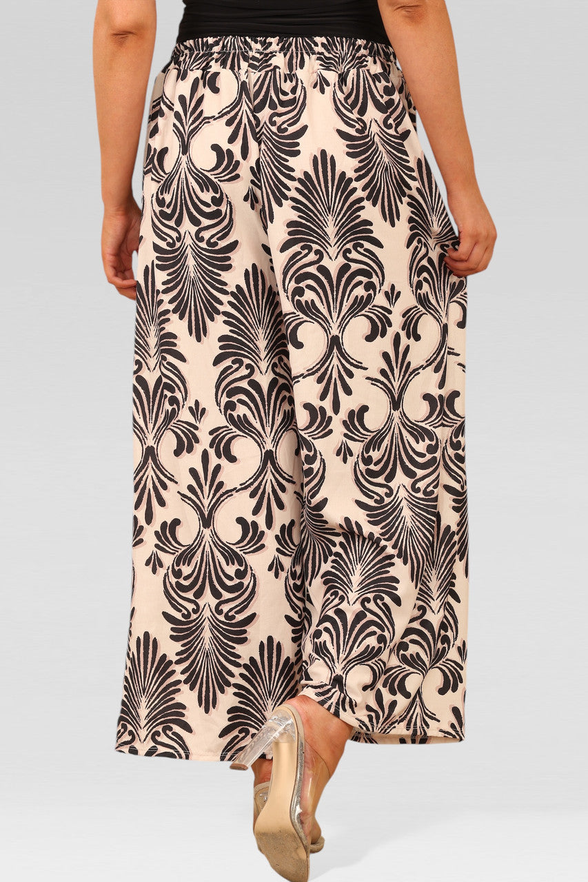 WIJDE BROEK MET ELASTISCHE TAILLE EN ART DECO-PRINT CRÈME