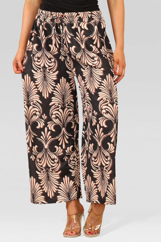 WIJDE BROEK MET ELASTISCHE TAILLE EN ART DECO-PRINT ZWART
