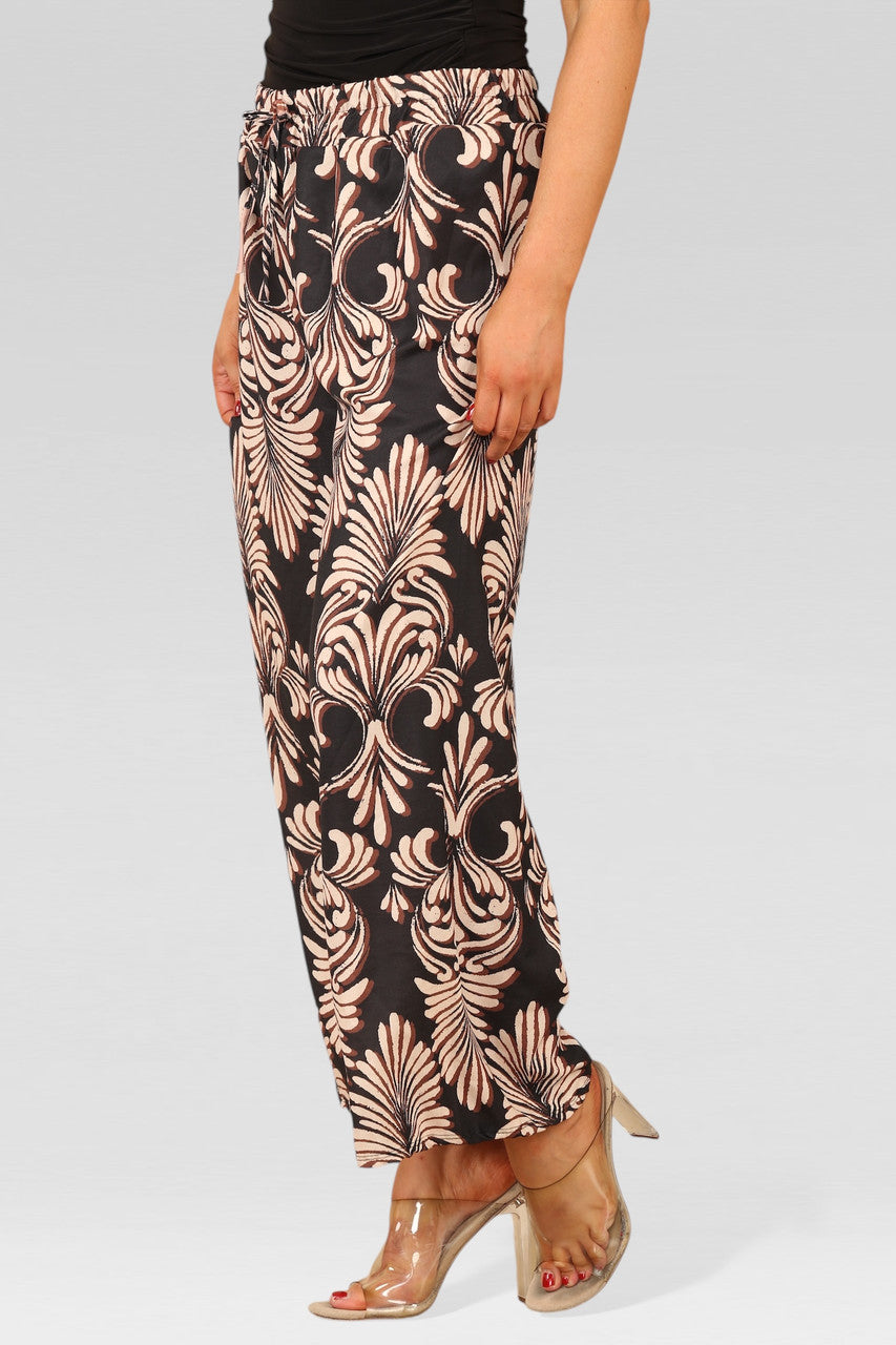 WIDE LEG ELASTICATED WAIST ART DECO PRINT TROUSERS BLACK