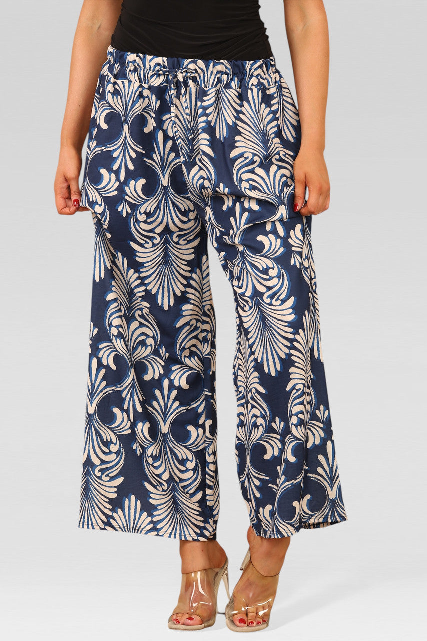 WIDE LEG ELASTICATED WAIST ART DECO PRINT TROUSERS NAVY