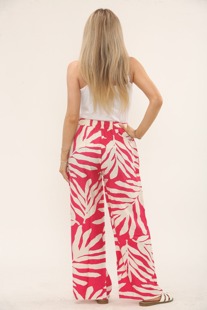 LEAF PRINT ELASTICATED TROUSERS - HOT PINK