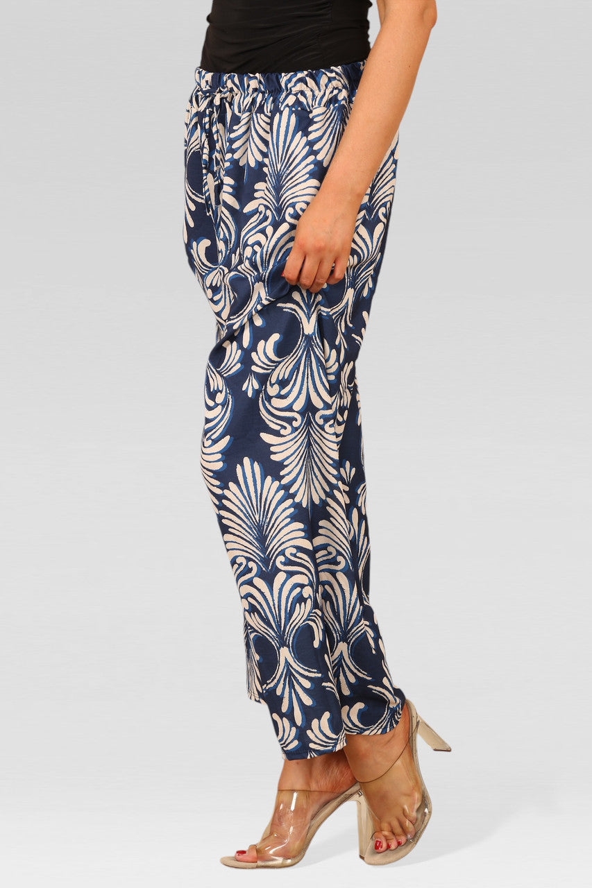 WIDE LEG ELASTICATED WAIST ART DECO PRINT TROUSERS NAVY