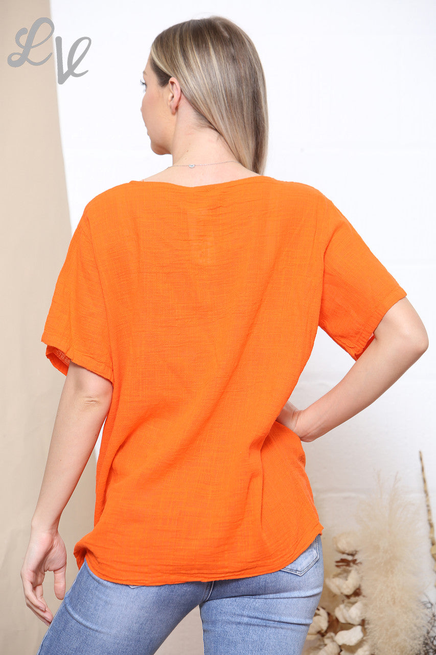 Ladies Tree Of Life Foil Embellished Cotton Top Orange