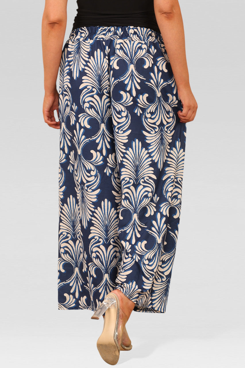 WIDE LEG ELASTICATED WAIST ART DECO PRINT TROUSERS NAVY