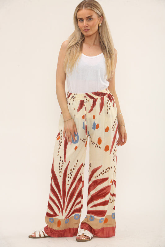 TROPISCHE PRINT BROEK MET ELASTIEK IN DE TAILLE - ROESTBRUIN