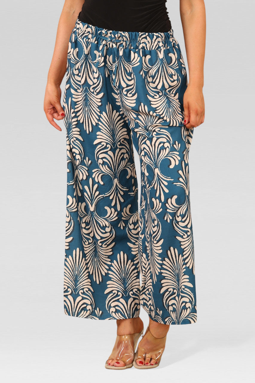 WIDE LEG ELASTICATED WAIST ART DECO PRINT TROUSERS TEAL